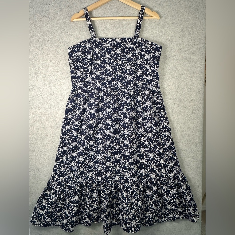 Papillon Embroidered 100% Cotton Navy & White Floral Tiered Lined Midi Dress L
